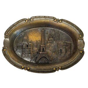 Vintage Paris Ashtray Antiqued Goldtone Metal Eiffel Tower Souvenir Made in Fran
